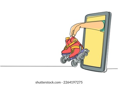 Single one line drawing player hand holds roller blades through mobile phone. Smartphone with rollerblade games app. Mobile sport stream championship. Modern continuous line draw design graphic vector