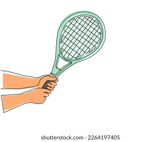 Single one line drawing player hand holding tennis racket  Sport equipment tennis racquets  Sporting goods for championship  Outdoors summer activity  Modern continuous line draw design graphic vector