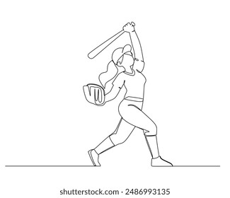 Single one line drawing player hand holding baseball bat and glove.  American outdoor sport game equipment. Sport training concept. Modern continuous line draw design for baseball tournament banner
