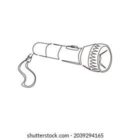 Single one line drawing pocket flashlight. Light source for individual use. Luminous flux, beam focusing. Lighting object in the dark. Electric lamp battery powered. Continuous line draw design vector