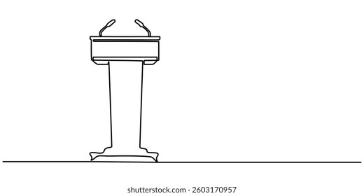 Single one line drawing podium with microphone, Conference lectern line icon on the background, Conference lectern icon, Man Giving a Presentation, Usually used in speech or oration. continuous line.