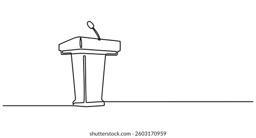Single one line drawing podium with microphone, Conference lectern line icon on the background, Conference lectern icon, Man Giving a Presentation, Usually used in speech or oration. continuous line.