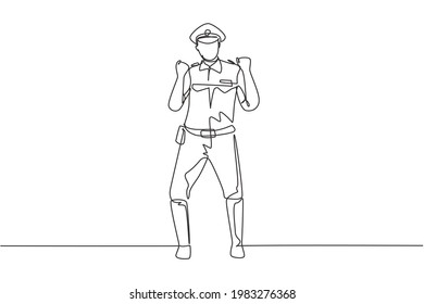 Ein einziger Ziehpolizist, der mit einer feierlichen Geste und einer volleinheitlichen Werkstatt steht, kontrolliert die Autobahn des Fahrzeugs. Patrouille im Bereitschaftsdienst. Modern-Stetig-Liniendesign, Vektorgrafik