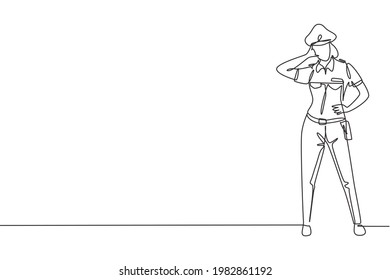 Una sola línea dibujando a una mujer parada con el gesto de llamarme y trabajos uniformes completos para controlar el tráfico de vehículos en la autopista. Patrulla de reserva. Ilustración gráfica de diseño de trazos de línea continua