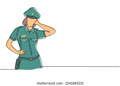 Single one line drawing policewoman with call me gesture and full uniform is ready to enforce traffic discipline on highway. Standby on patrol. Continuous line draw design graphic vector illustration