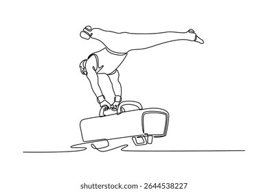 Uma única linha desenhando pommel cavalo atleta ginasta fazendo stand de mão dividida em competição de ginástica artística. Realizar movimento acrobático. Desenho de linha contínua moderna desenho gráfico vetor ilustração