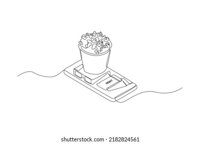 Single one line drawing Popcorn, 3d movie eyeglasses and movie tickets on smartphone. Online ticket concept.  Continuous line draw design graphic vector illustration.