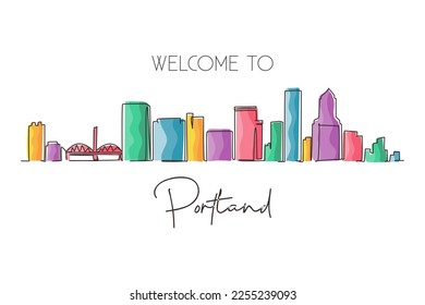 Single one line drawing Portland city skyline, Oregon. Beautiful landmark. Beautiful world landscape tourism travel wall decor poster, postcard. Continuous line draw design graphic vector illustration