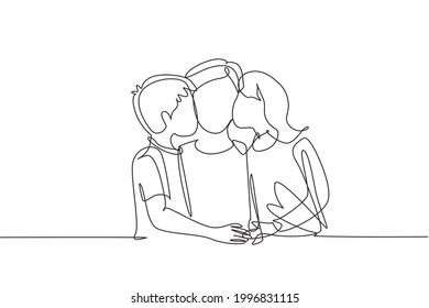 Single one line drawing portrait of children kissing their father. Fathers day concept. Family holiday. Love of children with their father. Continuous line draw design graphic vector illustration
