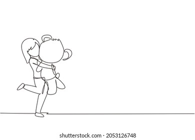 Single one line drawing portrait of expressive little girl hugging her plush bear friend. Little girl playing with teddy bear. Childhood, toys. Continuous line draw design graphic vector illustration