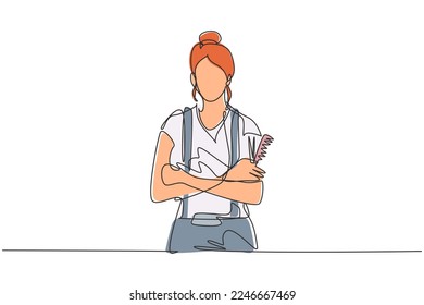 Single one line drawing portrait of smiling owner of hairdresser salon. Young woman barber beautician. Hairstylist or hair style beauty concept. Continuous line draw design graphic vector illustration