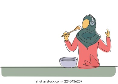 Einzeilige Zeichnung des Porträts glücklicher junger arabischer Frauen, die ein Glas Orangensaft halten. Mach sie erfrischend in der Sommersaison. Modern-Stetig-Liniendesign, Vektorgrafik