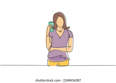 Single one line drawing portrait of happy young beautiful female holding glass of orange juice. Make her refreshing in summer season. Modern continuous line draw design graphic vector illustration