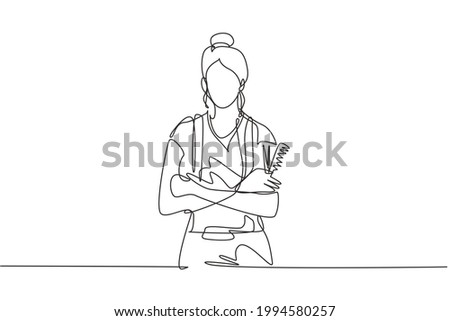 Single one line drawing portrait of smiling owner of hairdresser salon. Young woman barber beautician. Hairstylist or hair style beauty concept. Continuous line draw design graphic vector illustration