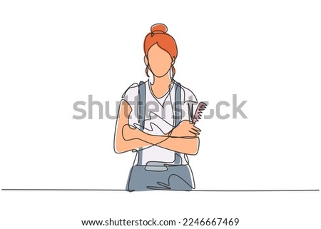 Single one line drawing portrait of smiling owner of hairdresser salon. Young woman barber beautician. Hairstylist or hair style beauty concept. Continuous line draw design graphic vector illustration