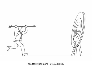 Una sola línea trazando un ambicioso empresario positivo apuntan una gran flecha hacia el objetivo. Concepto de logro de objetivos. Objetivo comercial, objetivo, concepto de éxito estratégico. Vector gráfico de diseño de trazos de línea continua
