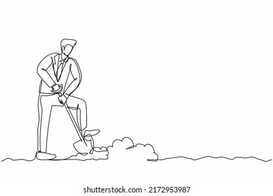 Single one line drawing positive businessman digging in dirt using shovel. Male manager in suit dig ground with spade. Hard working process. Continuous line draw design graphic vector illustration