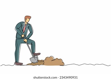 Single one line drawing positive businessman digging in dirt using shovel. Male manager in suit dig ground with spade. Hard working process. Continuous line draw design graphic vector illustration