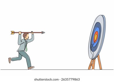 Single one line drawing positive ambitious businessman point big arrow on target. Goal achievement concept. Business purpose, goal, strategy success concept. Continuous line draw design graphic vector