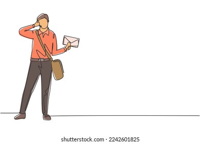 Single one line drawing postman standing in hat, sling bag, uniform, holding envelope, and with call me gesture delivering mail to home address. Continuous line draw design graphic vector illustration