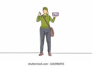 Single one line drawing of postwoman standing in a hat, bag, uniform, holding an envelope, and with a thumbs-up gesture delivering mail. Modern continuous line draw design graphic vector illustration