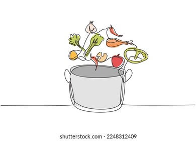 Single one line drawing pot is sprinkled and food ingredients such as vegetables  meat  onions  carrots  salt  pepper    other spices  Modern continuous line draw design graphic vector illustration
