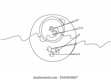 Single one line drawing a pot and some forks stabbed into food. Really enjoyed the process of eating it. Impression way to eat. National Cheese Fondue Day. Continuous line design graphic illustration