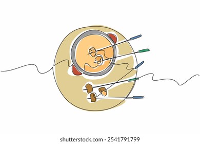 Single one line drawing a pot and some forks stabbed into food. Really enjoyed the process of eating it. Impression way to eat. National Cheese Fondue Day. Continuous line design graphic illustration