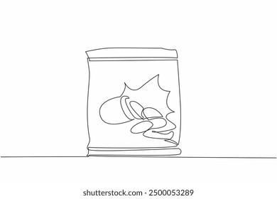 Single one line drawing potato chips snack in packaging. Snacks as a relaxing companion during weekend. Interesting packaging design. National Snack Day. Continuous line design graphic illustration