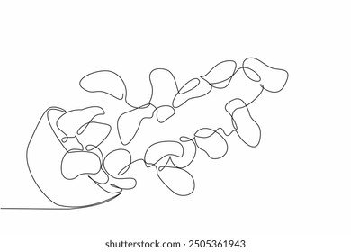 Single one line drawing potato chips in a small glass bowl with the contents scattered. Falling delicious crunchy and tasty chips. National Potato Chip Day. Continuous line design graphic illustration