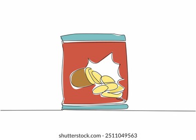 Single one line drawing potato chips snack in packaging. Snacks as a relaxing companion during weekend. Interesting packaging design. National Snack Day. Continuous line design graphic illustration