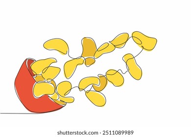 Uma única linha desenhando batatas fritas em uma pequena tigela de vidro com o conteúdo espalhado. Batatas fritas deliciosas crocantes e saborosas. Dia Nacional da Batata Frita. Ilustração gráfica de design de linha contínua