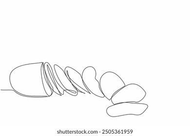 Single one line drawing potatoes with sides cut into small pieces to make potato chips. A brief explanation of how to make chips. National Potato Chip Day. Continuous line design graphic illustration