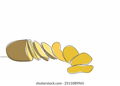 Single one line drawing potatoes with sides cut into small pieces to make potato chips. A brief explanation of how to make chips. National Potato Chip Day. Continuous line design graphic illustration