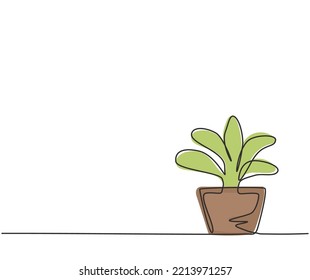 Single one line drawing of potted plants with five growing leaves are used for ornamental plants. Beautiful decorate the interior of the house. Continuous line draw design graphic vector illustration.