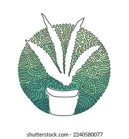 Single one line drawing potted snake plant for home decor logo identity. Fresh evergreen perennial plant concept for plant icon. Swirl curl circle background style. Continuous line draw design vector
