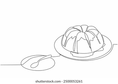 Single one line drawing pound cake vanilla cream topping and cake scoop on small cake plate. A delicious dessert to serve. Yummy. National Pound Cake Day. Continuous line design graphic illustration