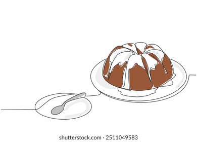 Una sola línea dibujando la cubierta de la crema de la vainilla del pastel de la libra y la cuchara del pastel en el plato Pequeño del pastel. Un postre delicioso para servir. Delicioso. Día Nacional del Pastel de Libra. Ilustración gráfica de diseño de línea continua