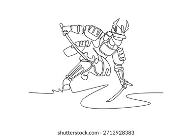 Uma única linha desenhando um poderoso guerreiro samurai em armadura completa e capacete, tomando uma posição baixa enquanto desenha espada, representando prontidão de combate. Ilustração de vetor gráfico de design de desenho de linha contínua