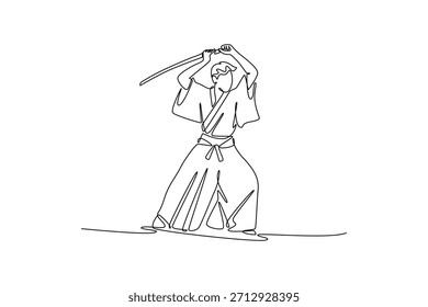 Uma única linha desenhando poderoso guerreiro samurai segurando katana afiada acima de sua cabeça em posição de ataque. Espírito japonês das artes marciais. Ilustração de vetor gráfico de design de desenho de linha contínua