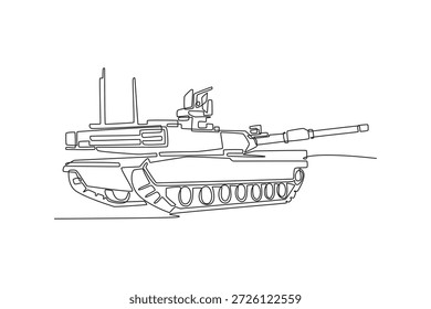 Single one line drawing powerful main battle tank. Armored hull, rotating turret, long cannon barrel, and heavy treads of a modern war machine. Continuous line draw design graphic vector illustration
