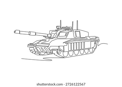 Una sola línea que dibuja el vehículo blindado potente. Pisadas pesadas, torreta giratoria, cañón largo de tanque de batalla principal moderno para uso militar de combate. Ilustración vectorial gráfica de diseño de dibujo de línea continua
