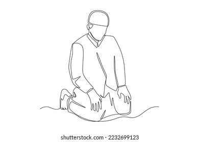 Single one line drawing prayer movement sitting. Julus. Prayer movement concept for muslims. Continuous line draw design graphic vector illustration.