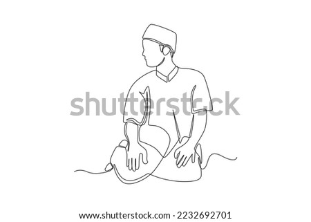 Single one line drawing prayer movement sitting tahiyat while saying greetings. Prayer movement concept for muslims. Continuous line draw design graphic vector illustration.