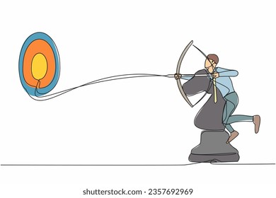 Single one line drawing precise businessman holding archery and aiming target while riding horse chess piece. Strategic competition. Success business worker. Continuous line design vector illustration