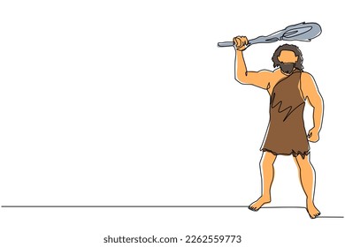 Un solo dibujo de una línea prehistórica sosteniendo y levantando la cabeza de los garrotes. Hombre cazando un animal antiguo con garrote, cavernícola de época prehistórica con arma. Vector de diseño de traza de línea continua