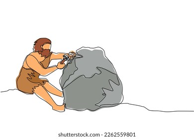 Single one line drawing prehistoric ancient primitive cave tribe man. Wild prehistoric character sitting, writing, carving stone age inscription on rock. Continuous line draw design vector