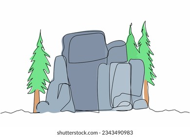 Entrada de la cueva de piedra prehistórica de un solo plano. Cueva de una casa de piedra de la edad pasada. Hogar de cavernícola o animal antiguo para protección. Ilustración vectorial de diseño de línea continua moderna