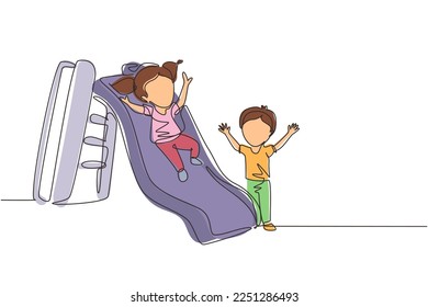 Single one line drawing preschool kids playing together in kindergarten. Little girl sliding down the slide and smiling boy seeing her on side of slide. Continuous line draw design graphic vector