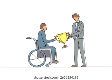 Single one line drawing presenting prize to businessman in wheelchair. Disabled man on wheelchair with trophy cup sharing his joy from achievements and victory. Continuous line draw design vector